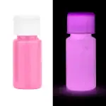 Bouteille de fluorescéine rose et violette, illustrant la luminescence sous lumière UV, utilisée en sciences pour la détection et l'observation.