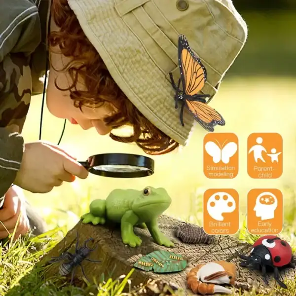 Enfant utilisant une loupe pour observer une figurine de grenouille en plastique, entouré d'objets éducatifs et décoratifs inspirés de la nature, avec des icônes de modélisation, éducation, couleurs e.