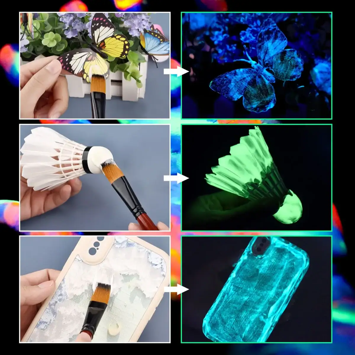 Papillon phosphorescent qui brille dans l'obscurité, idéal pour la décoration et les projets créatifs.