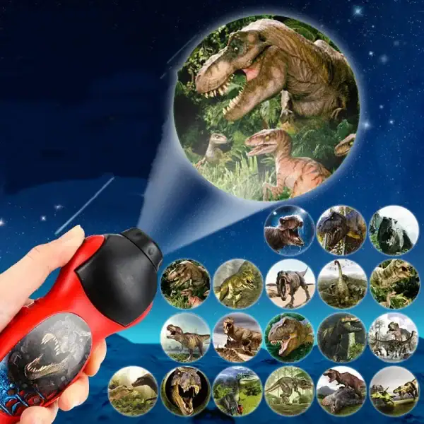 Image d'un jouet de réalité augmentée représentant un T-Rex et d'autres dinosaures, permettant d'explorer l'univers préhistorique en 3D interactif.