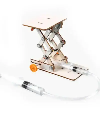 Basculeur de laboratoire en bois avec seringue et tube pour expériences scientifiques.