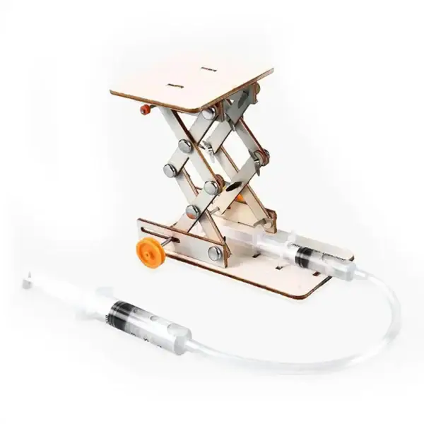 Basculeur de laboratoire en bois avec seringue et tube pour expériences scientifiques.