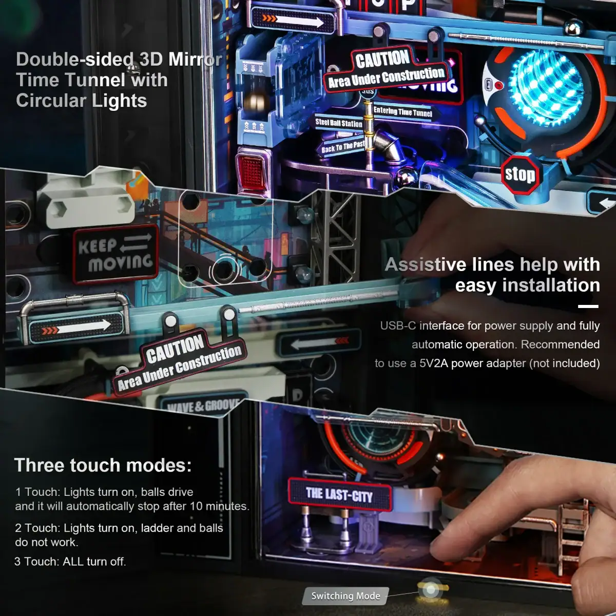 Miroir 3D interactif avec éclairage circulaire et fonctionnalités tactiles.