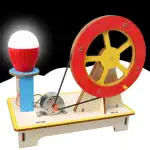 Périphrase d'une machine à vapeur éducative avec roue, bobine et ampoule, conçue pour l'apprentissage scientifique et la décoration.