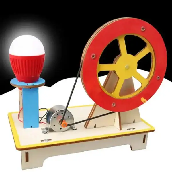 Périphrase d'une machine à vapeur éducative avec roue, bobine et ampoule, conçue pour l'apprentissage scientifique et la décoration.