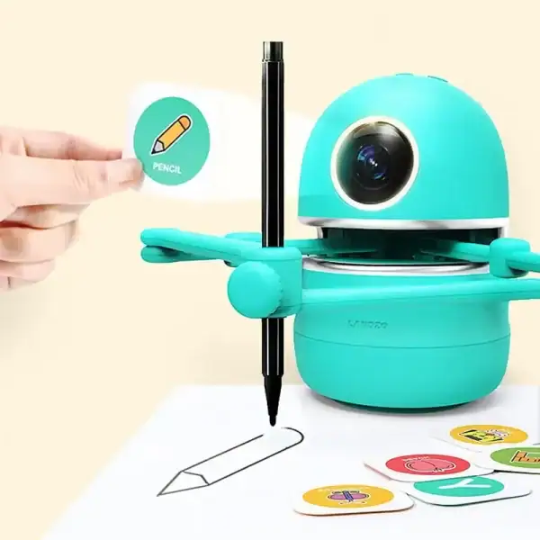 Robot éducatif en forme de pinceau avec caméra, conçu pour encourager l'apprentissage créatif et interactif chez les enfants, intégrant des activités de dessin et de reconnaissance.