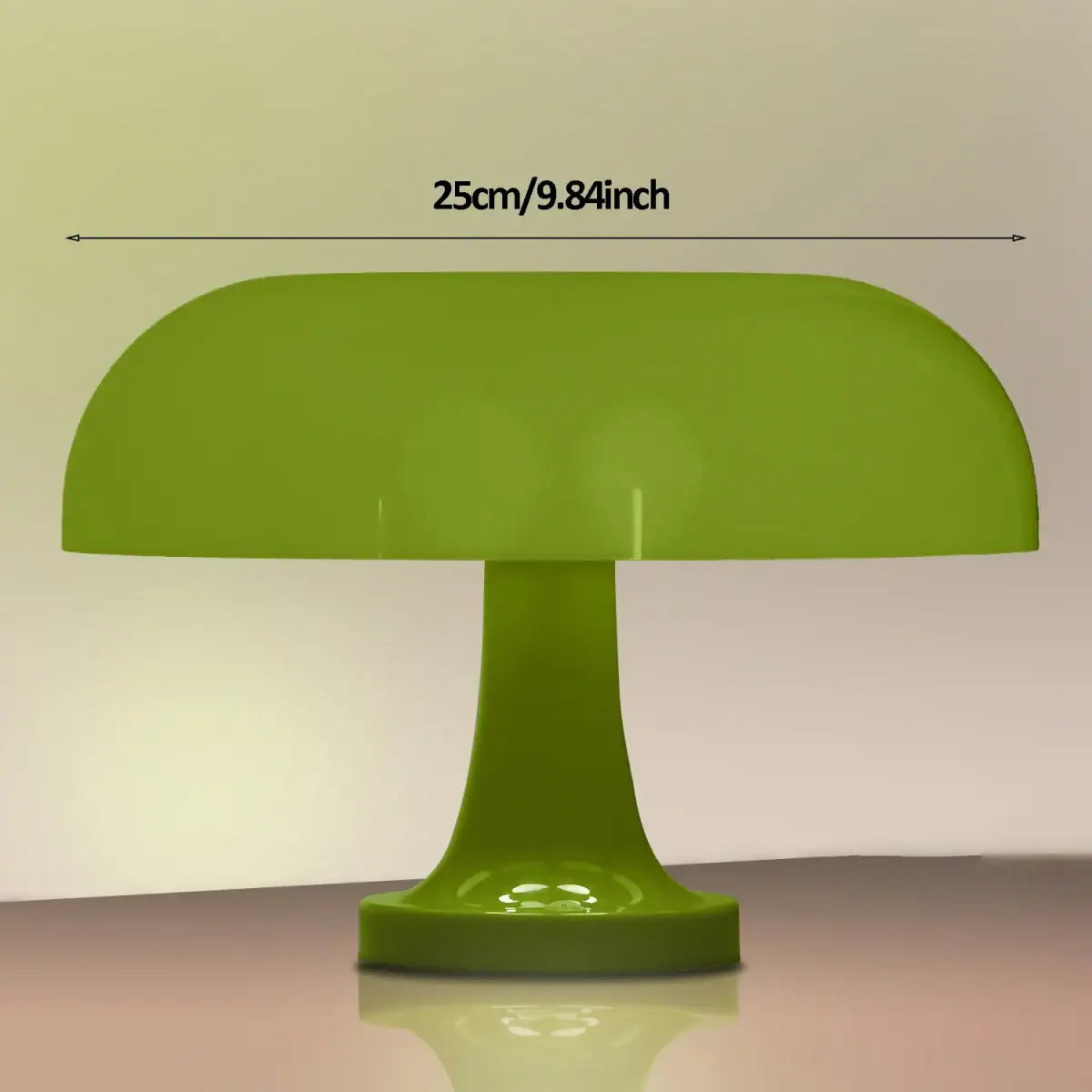Lampe de table verte en forme de champignon, idéale pour la décoration scientifique ou moderne, mesurant 25 cm de large.