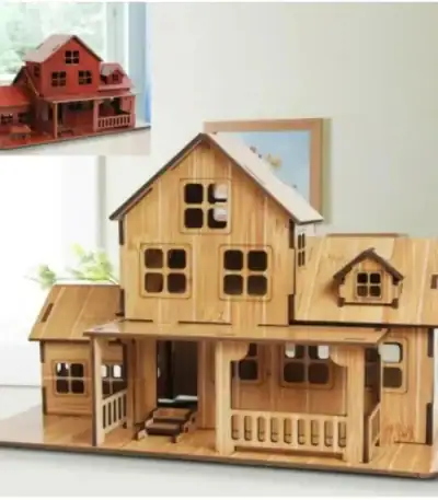 Maison miniature en bois avec plusieurs niveaux et fenêtres, idéale pour décoration intérieure ou collection d'objets scientifiques.
