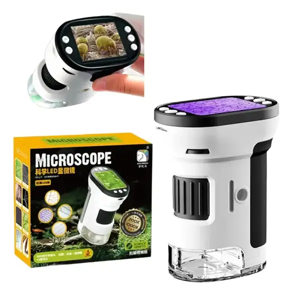 Appareil photo numérique de microscope avec écran intégré pour observation scientifique.