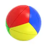 Ballon de puzzle coloré avec segments rouges, bleus, verts et jaunes, idéal pour l'apprentissage et le divertissement scientifique.