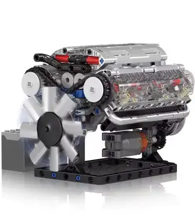 Modèle LEGO de moteur scientifique avec pièces détaillées, incluant un ventilateur, pistons et composants mécaniques, illustrant la technologie et la mécanique.