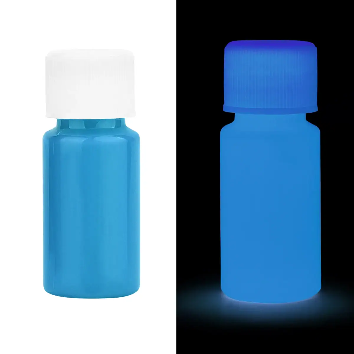 Pochette de peinture fluorescente bleue visible sous lumière normale et qui brille dans l'obscurité, idéale pour décoration ou activités artistiques lumineuses.