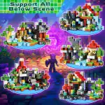 Vitrine présentant des créations en blocs lumineux et colorés, inspirées de thèmes scientifiques et fantastiques, parfaites pour la décoration ou la collection.