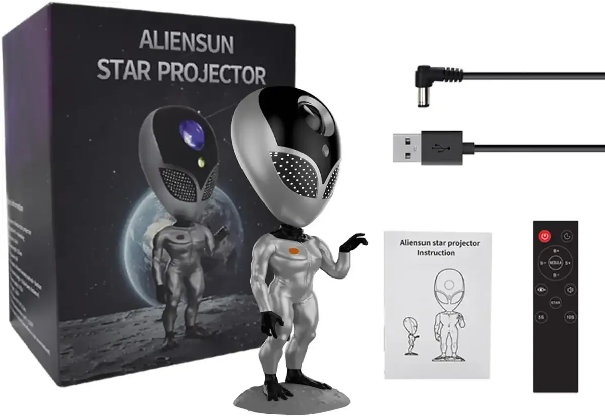 Projecteur d'étoiles AlienSun avec figurine d'extraterrestre, câble USB et télécommande, idéal pour décoration scientifique et ambiance cosmique.