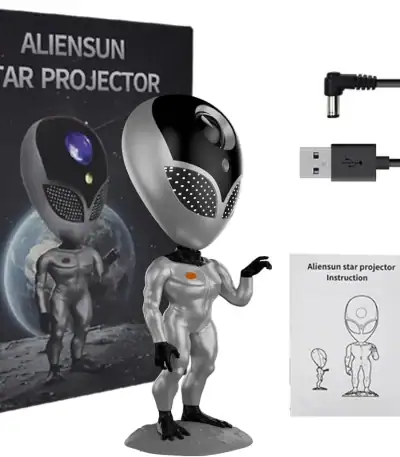 Projecteur d'étoiles AlienSun avec figurine d'extraterrestre, câble USB et télécommande, idéal pour décoration scientifique et ambiance cosmique.