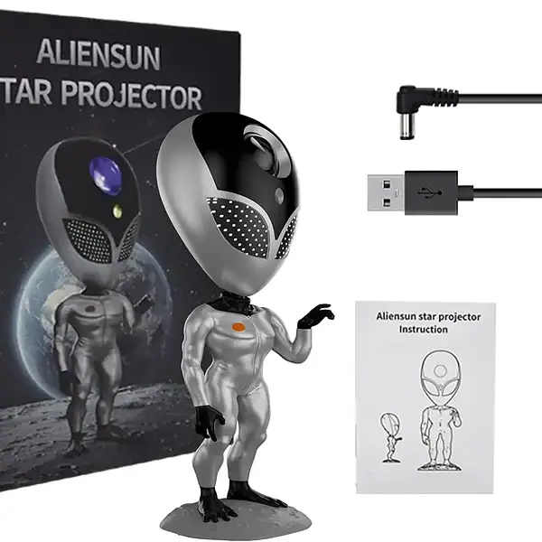 Projecteur d'étoiles AlienSun avec figurine d'extraterrestre, câble USB et télécommande, idéal pour décoration scientifique et ambiance cosmique.