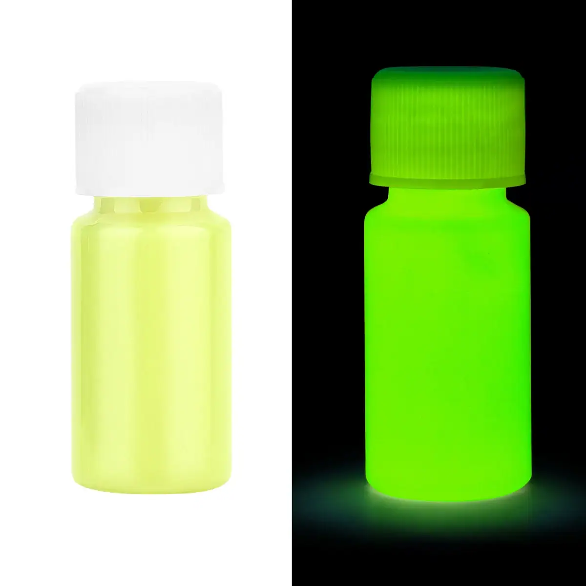 Flacon de peinture phosphorescente verte visible en lumière normale et qui brille dans l'obscurité, parfait pour décoration ou projets créatifs lumineux.