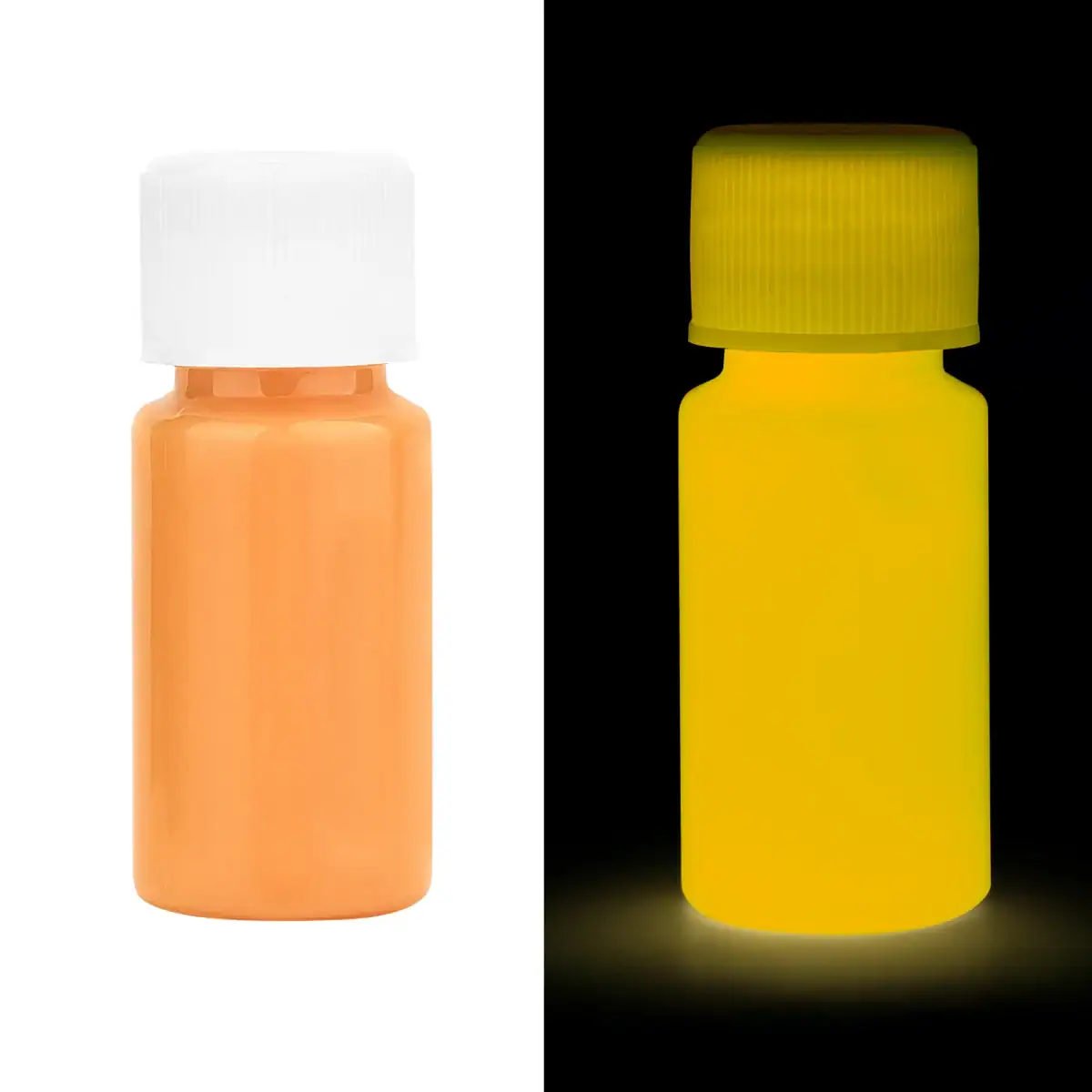 Pillules fluorescentes orange et jaune sous lumière noire, illustrant la fluorescence dans un environnement sombre.