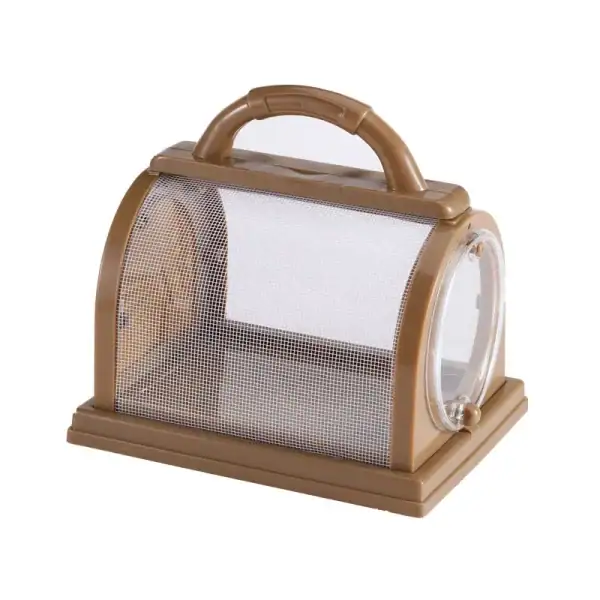 Lanterne de laboratoire en plastique beige avec fenêtre en verre et poignée, idéale pour l'observation d'insectes ou petits animaux dans un environnement scientifique.