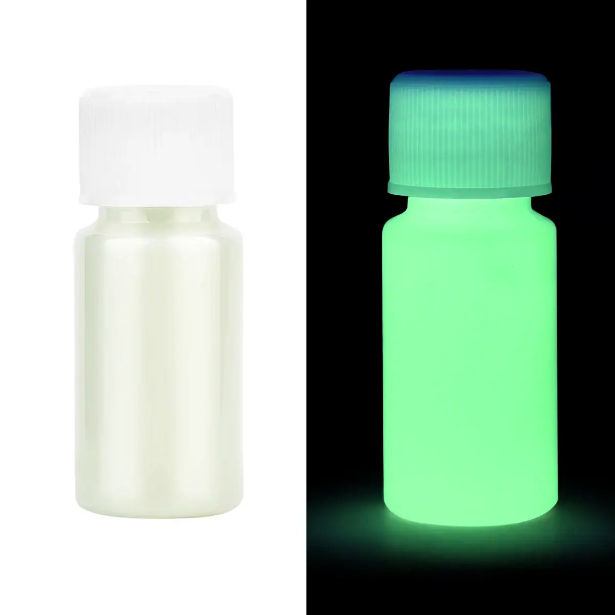 Flacon de laboratoire avec capuchon lumineux, visible dans l'obscurité, utilisé pour expériences scientifiques ou décoration.