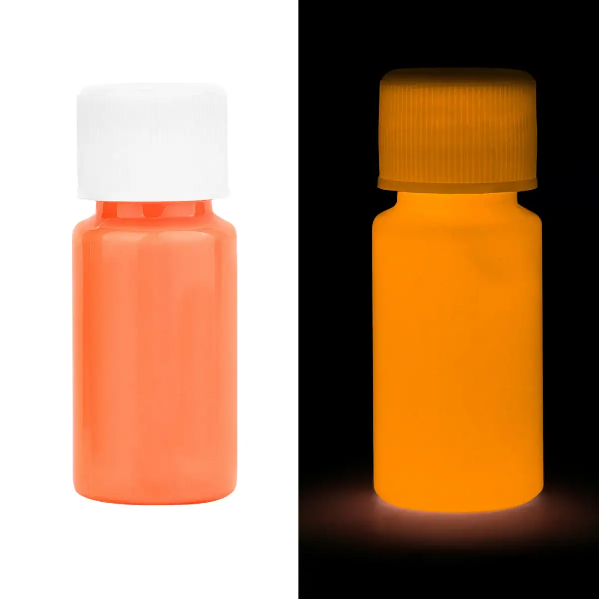 Flacon de peinture fluorescente orange visible en lumière normale et luminescente dans l'obscurité, parfait pour décoration ou projets artistiques lumineux.