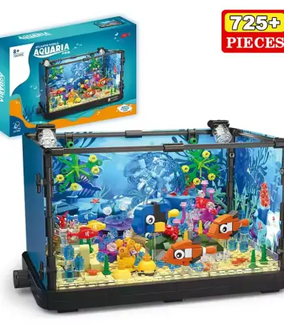 Vitrine aquarium en blocs de construction pour enfants, avec plus de 725 pièces, permettant de créer un environnement marin coloré et éducatif, idéal pour les amateurs de sciences et de décorati.