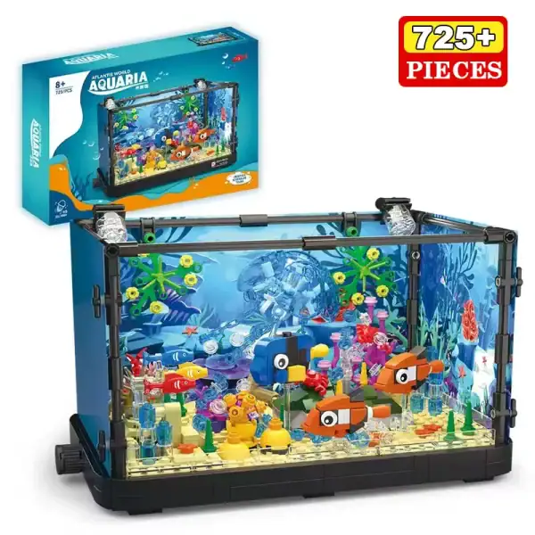 Vitrine aquarium en blocs de construction pour enfants, avec plus de 725 pièces, permettant de créer un environnement marin coloré et éducatif, idéal pour les amateurs de sciences et de décorati.