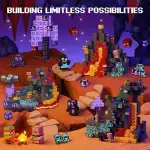 Image colorée de blocs de construction en forme de créatures et structures fantastiques dans un décor spatial, illustrant la créativité et l'imagination sans limites.