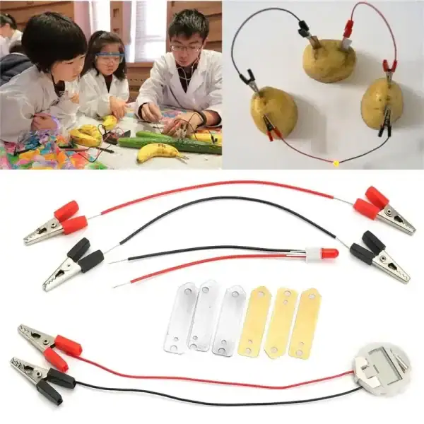 Kit d'expériences scientifiques pour étudiants, comprenant câbles, pinces et composants pour expériences électriques et chimiques.