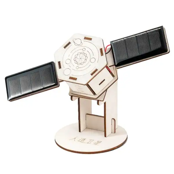 Rover solaire en bois avec panneaux solaires, modèle éducatif pour découvrir l'énergie renouvelable et la robotique. Parfait pour l'apprentissage scientifique et la décoration de style scientifiq.