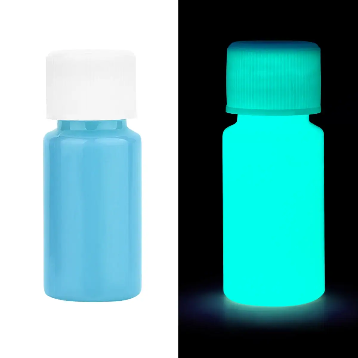 Bouteille de peinture phosphorescente qui brille dans l'obscurité, idéale pour la décoration scientifique ou créative.