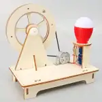 Périphrase de moteur à vapeur en bois avec roue, bobine et générateur électrique miniature, parfait pour décoration scientifique ou éducative.