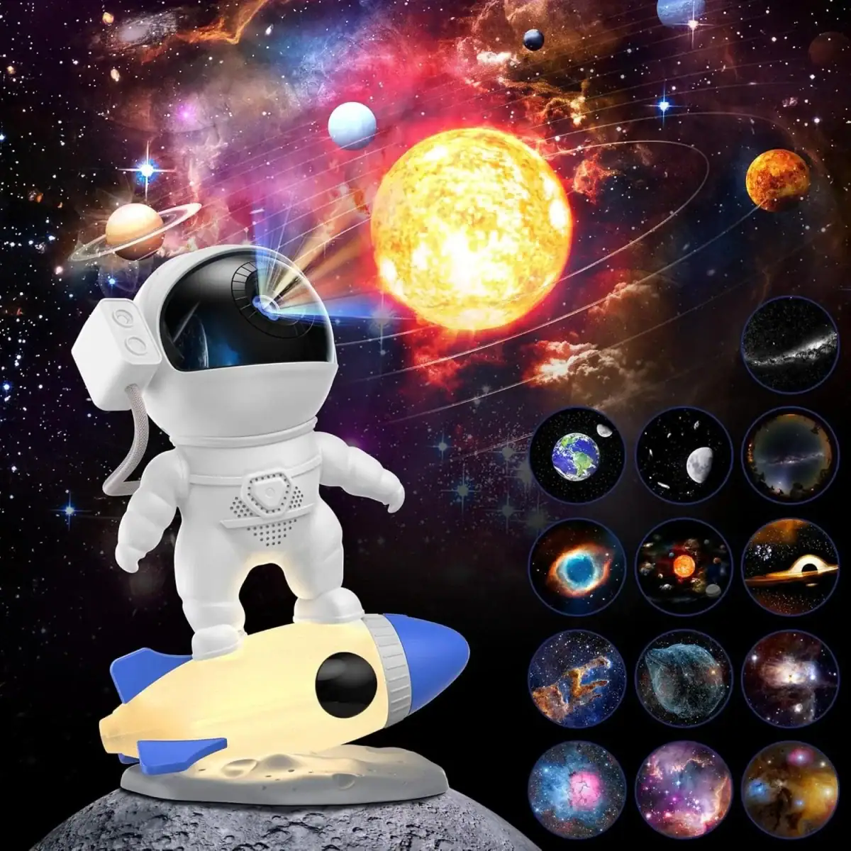 Figurine de jouet d'astronaute sur un vaisseau spatial, avec un fond de cosmos illustrant des planètes, étoiles et galaxies, idéale pour la décoration scientifique et éducative.