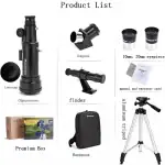 Ensemble d'outils d'astronomie comprenant un télescope, accessoires, sac à dos, boîte premium, et manuels pour l'apprentissage scientifique.
