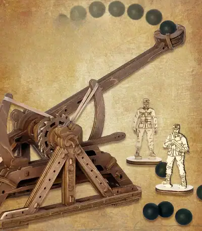 Panneau de jeu de physique avec un mécanisme en bois et des billes noires, illustrant un principe de mouvement et de gravité.