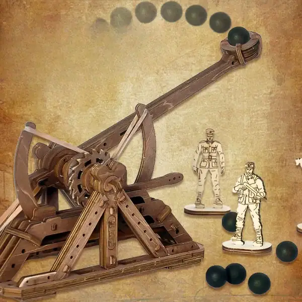 Panneau de jeu de physique avec un mécanisme en bois et des billes noires, illustrant un principe de mouvement et de gravité.