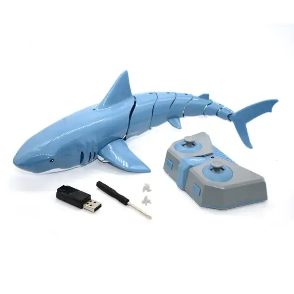 Requin robot éducatif en plastique bleu avec télécommande, clé USB et accessoires pour apprentissage interactif.