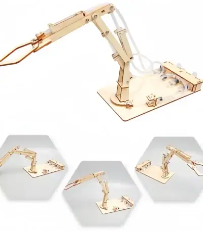 Bras robotique en bois pour expérience scientifique et décoration de bureau.