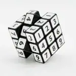 Cube puzzle numéroté en plastique noir et blanc, parfait pour stimuler la réflexion et la logique, idéal comme décoration scientifique ou objet éducatif.