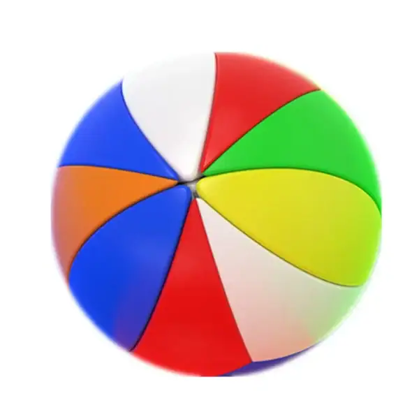 Ballon de plage multicolore avec segments rouges, bleus, verts, jaunes, et blancs, idéal pour la plage ou la piscine.
