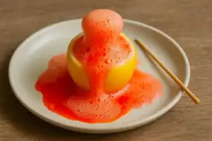 Pomme de terre transformée en une expérience scientifique avec une mousse orange mousseuse et une texture intrigante, présentée sur une assiette blanche avec un cure-dent à côté.