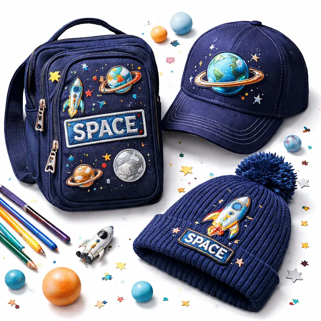 Sac à dos, casquette et bonnet avec motifs spatiaux pour enfants.