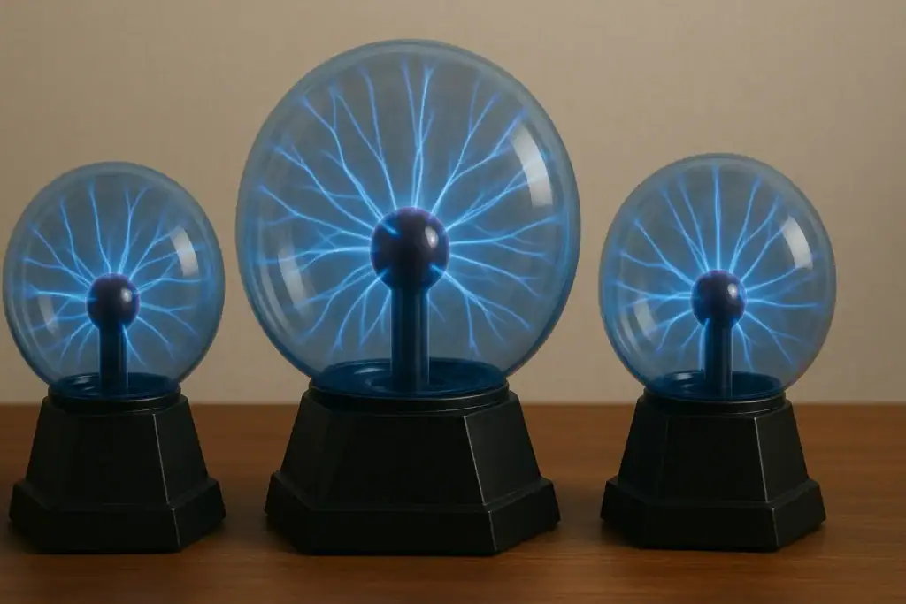 Phares de plasma en trio avec base noire, décor scientifique électrique, affichant des décharges électriques bleues à l'intérieur de sphères en verre.
