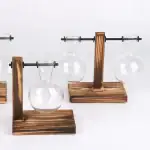 Vase de laboratoire en verre avec support en bois naturel, idéal pour la décoration scientifique ou de laboratoire, apportant une touche authentique et élégante à votre espace.