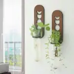 Support de plantes suspendu en verre avec cadre en bois, décoration moderne pour intérieur.