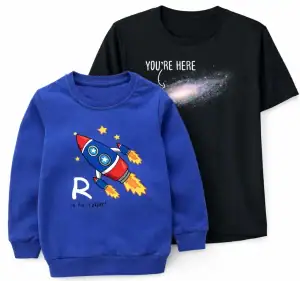 Sweatshirt bleu pour enfants avec motif fusée et texte "R is for taller!", idéal pour les amateurs d'espace et de science.