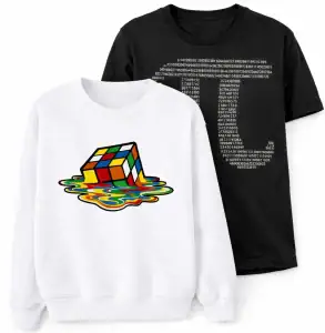 Sweatshirt blanc avec un Rubik's Cube coloré et un sweat noir avec des chiffres et des décimales, parfaits pour les amateurs de science et de puzzles.