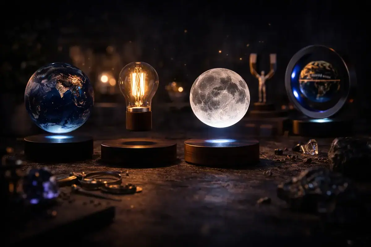 Collection de décorations scientifiques comprenant un globe terrestre, une ampoule, la lune et un globe lumineux, parfaits pour une décoration éducative ou thématique.