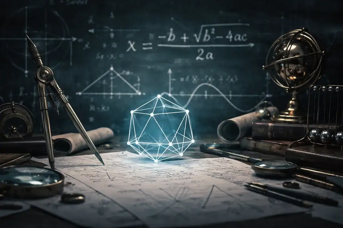 Collection d'objets scientifiques décoratifs comprenant un modèle géométrique lumineux, un globe terrestre, des instruments de dessin et des équations mathématiques sur un tableau noir.