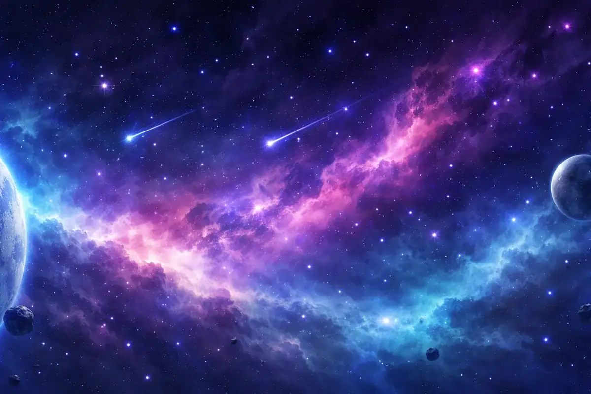 Galaxie colorée avec météores brillants dans un ciel étoilé, représentant l'univers et la science cosmique.